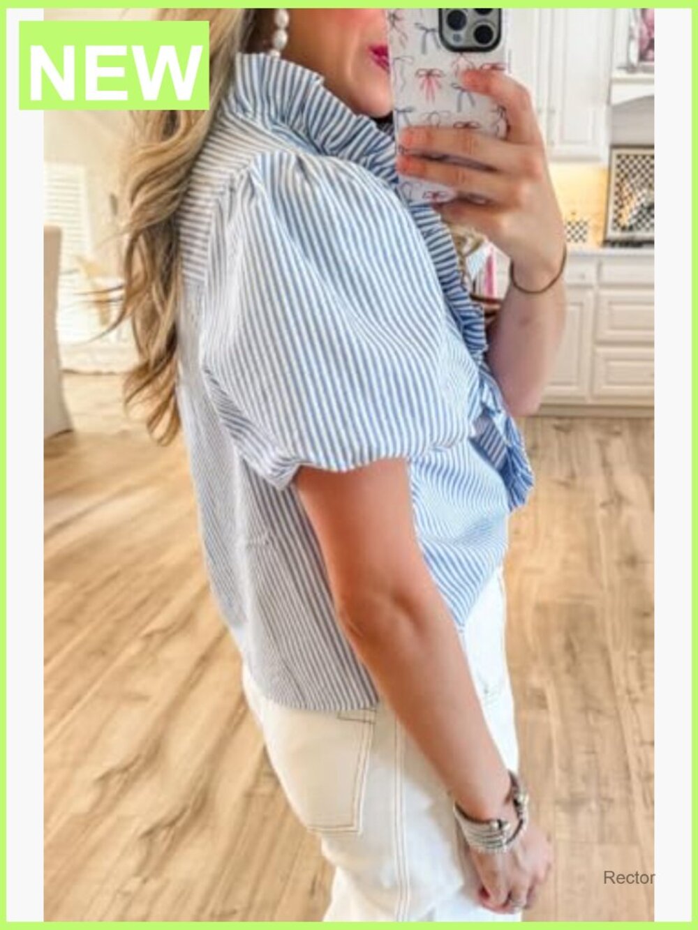 Striped Ruffle Mock Neck Button Down Blouse Long Sleeve - Picture 2 of 7
